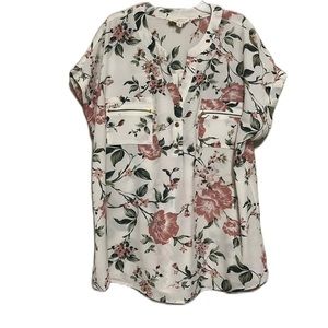 Flower & Feather, Floral Print, Rolled Cap Sleeves, V-Neckline Top, Multi, 1XL